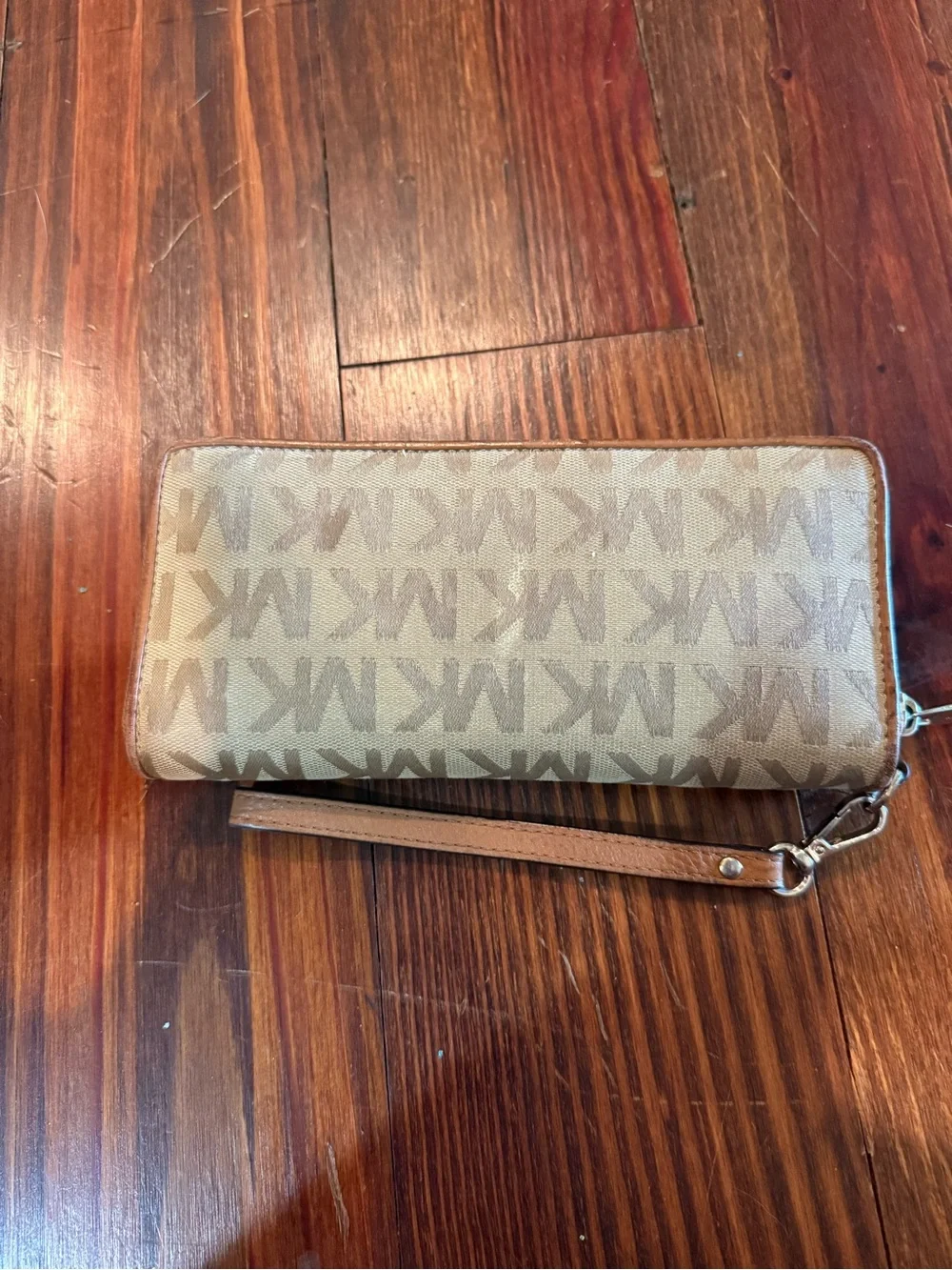 Michael Kors Tan Beige MK Logo Wristlet Wallet with Gold Plate